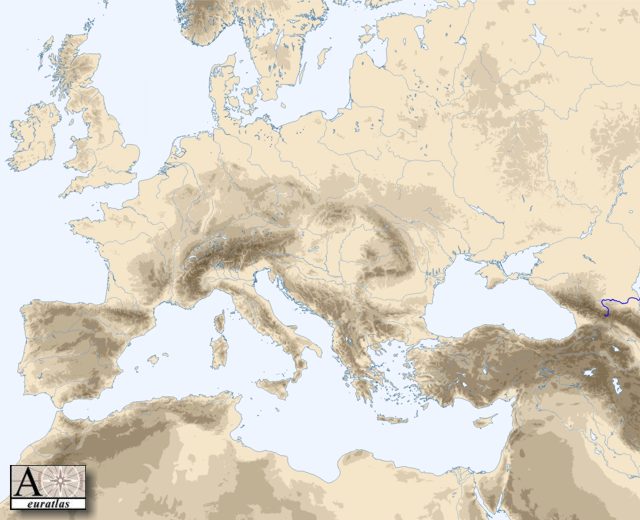 Mise en vidence du Terek sur la carte d'Europe