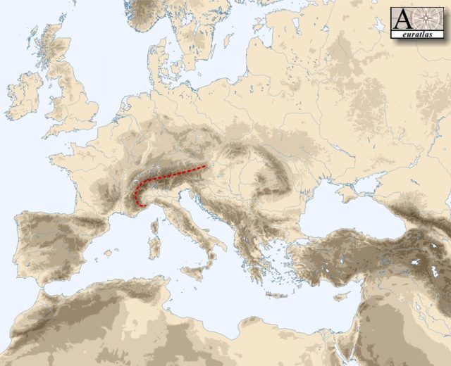 The Alps on the map of Europe