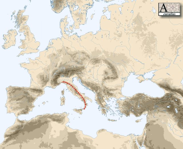 The Apennines range on the relief map of Europe